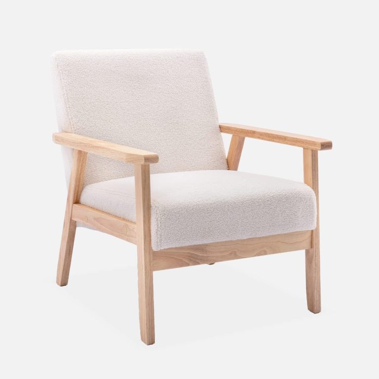 Alice’s Home - Fauteuil scandinave en Bois et Tissu Bouclette. Isak. L 64 x P 69.5 x H 73cm