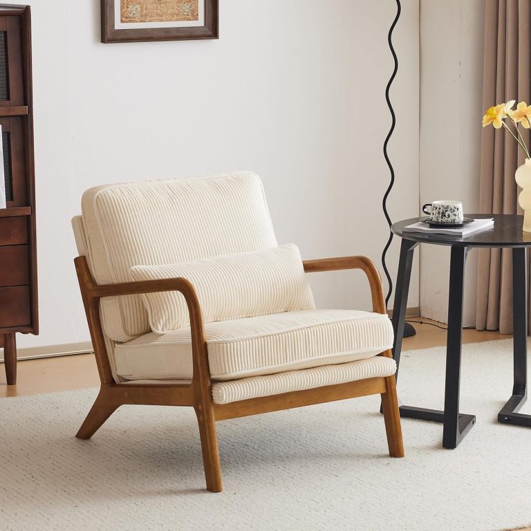 Bonnlo Fauteuil de Salon en Velours Côtelé, Chaise d’Appoint Relaxation avec Cadre en Bois, Siège Confortable pour Salon, Chambre, Terrasse, 65 x 80 x 78 cm (Beige Clair)