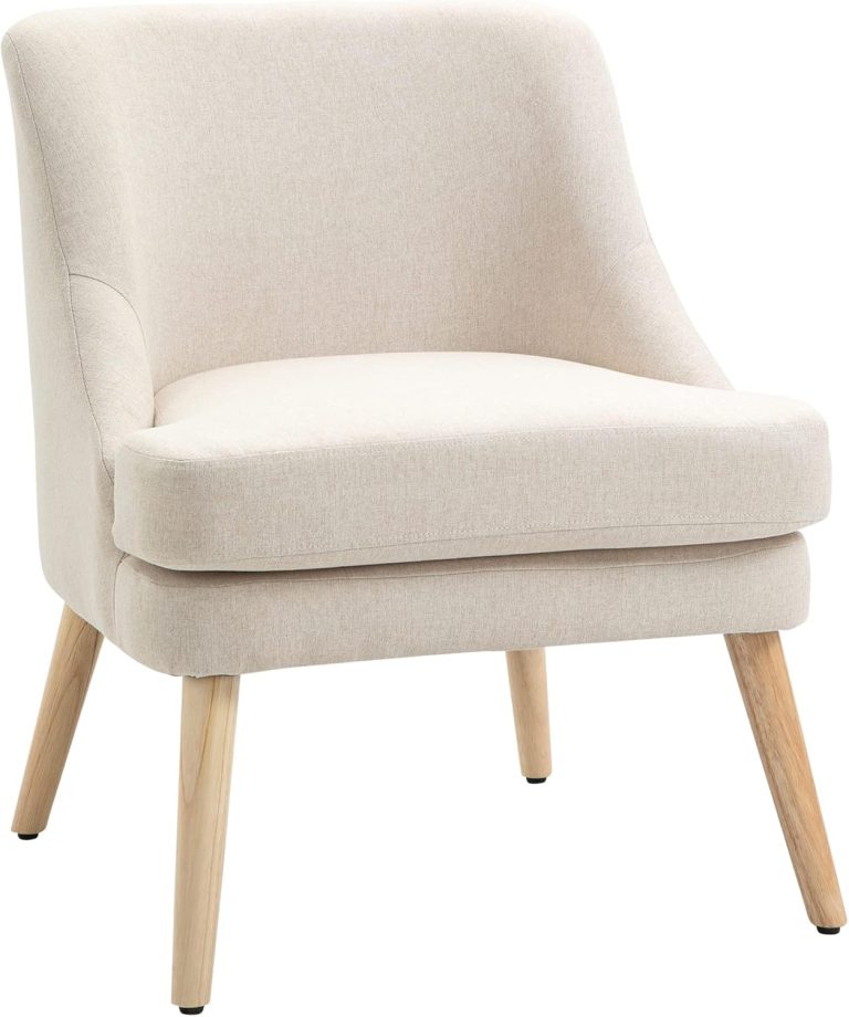 HOMCOM Fauteuil scandinave Confortable, Pieds en Bois Massif, Beige, Revêtement en Tissu Lin