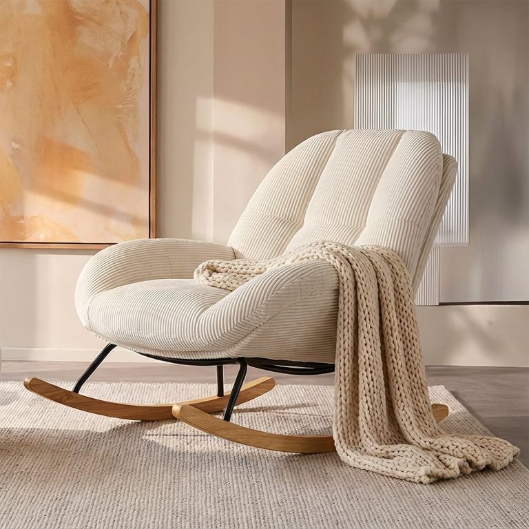 Meuble Cosy Fauteuil à Bascule Scandinave, Rocking Chair en Velours Côtelé, Chaise à Bascule Allaitement, Pieds en Bois d’Hévéa, pour Salon Chambre, Beige