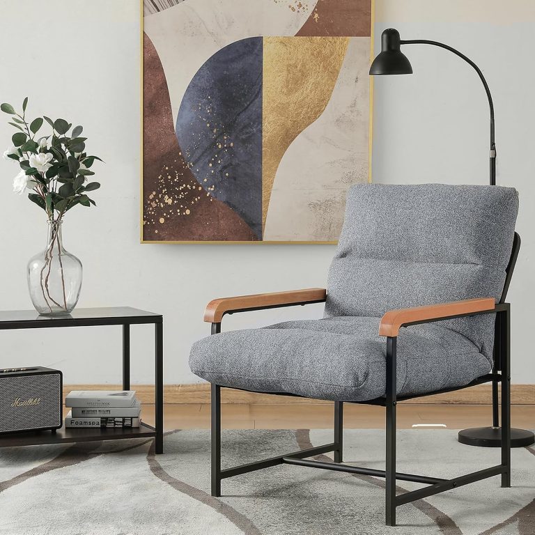Mingone Fauteuil Salon Confortable en Tissu Lin, Chaise de Loisirs Relax avec Accoudoirs en Bois