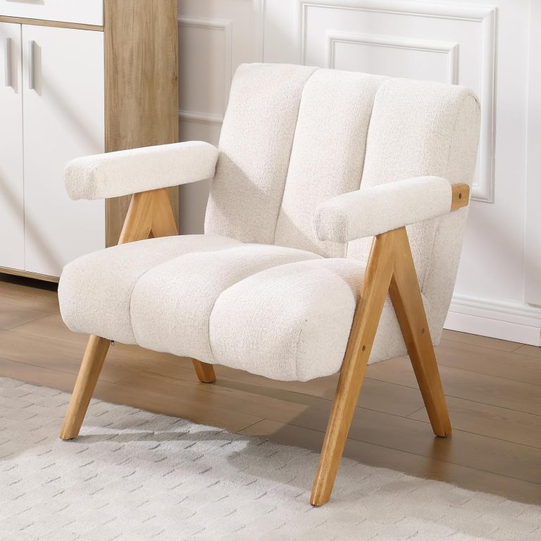 chairus Fauteuil Salon Confortable, Fauteuil Scandinave en Chenille pour Salon, Chambre, Bureau, Fauteuils Salon Moderne avec Cadre en Bois, Avoine