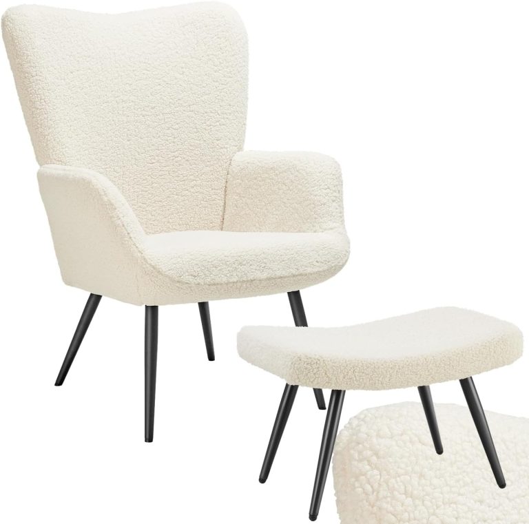 tectake Fauteuil Salon Confortable & Tabouret en Tissu bouclé Fauteuil Scandinave Moelleux avec Accoudoirs Chaise Ergonomique pour Salle à Manger, Chambre, Siege Bureau, Allaitement - Crème/Noir