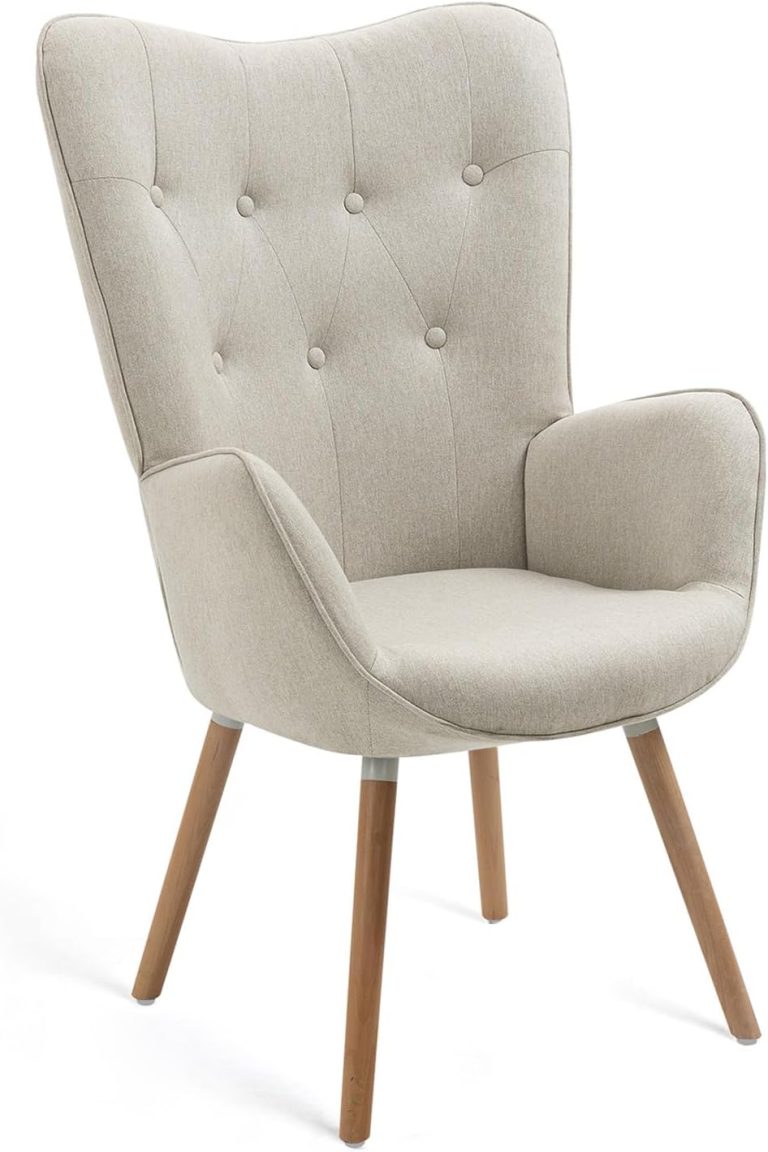 MEUBLE COSY Fauteuil Salon Scandinave Confortable Chaise de Coiffeuse, Assise Épaisse, Pieds Bois Massif 71 x 66 x 110 cm, Beige